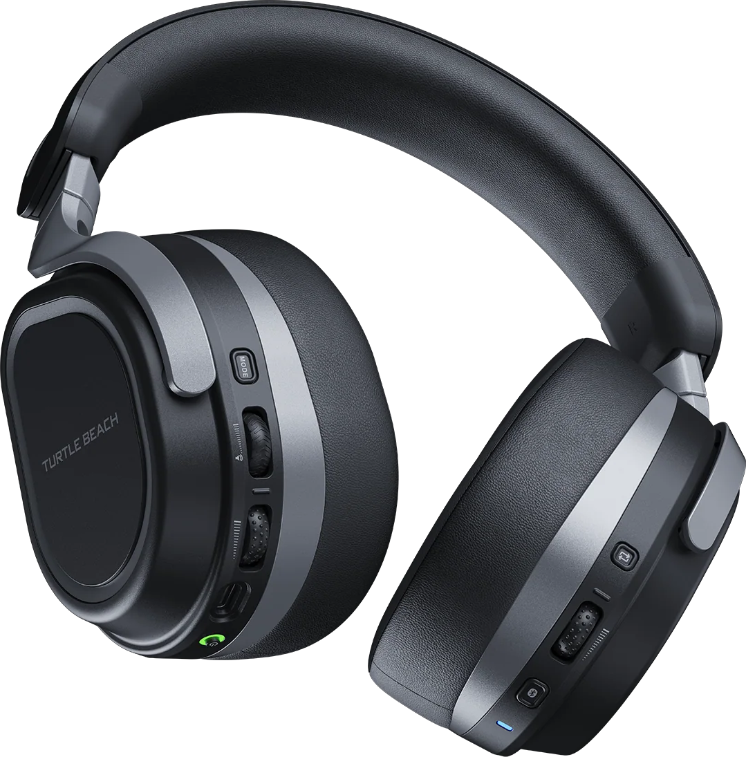 Casque noir Turtle Beach avec molettes et boutons sur les oreillettes sur fond noir.
