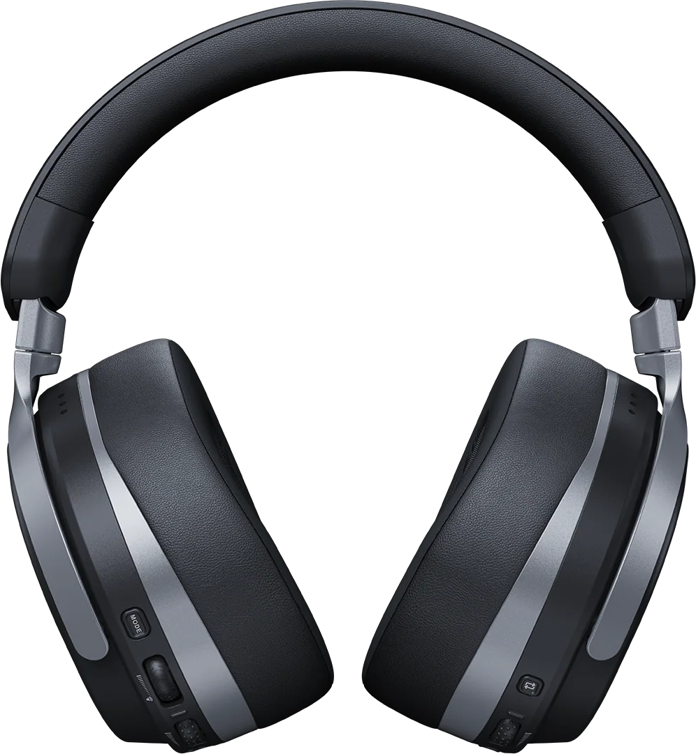 Casque sans fil circum-auriculaire noir avec des accents argentés sur fond noir.