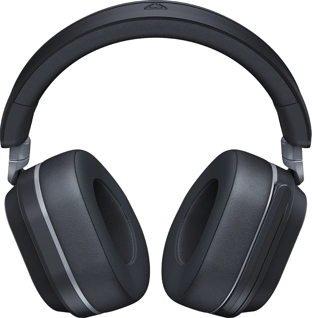 Casque supra-auriculaire noir avec oreillettes épaisses et bandeau réglable sur fond noir uni.