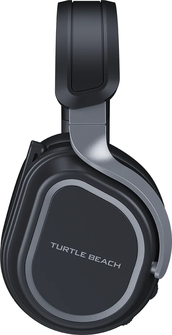 Casque Turtle Beach noir avec des accents argentés sur fond noir.