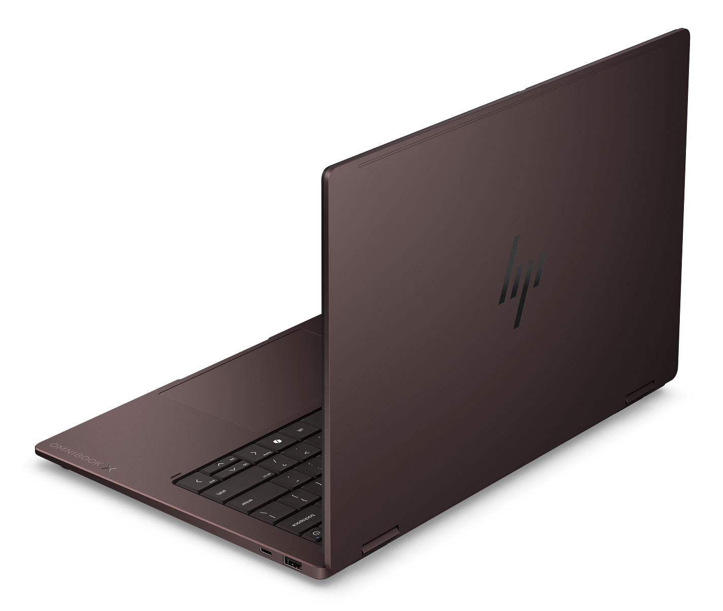 Elegancki, ciemnobrązowy laptop HP OmniBook na czarnym tle, z widoczną klawiaturą i zamkniętą klapą.