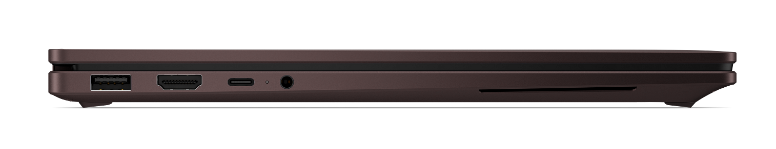 Boczny profil brązowego laptopa z portami USB, HDMI, USB-C i audio.
