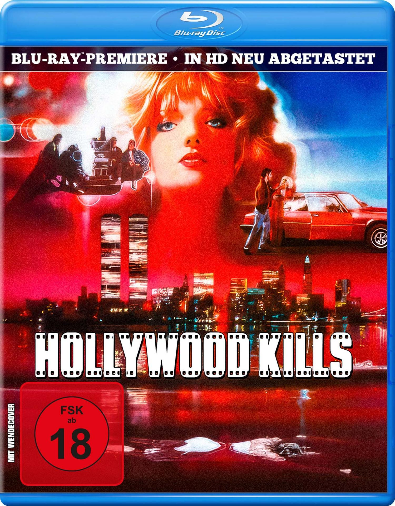Blu-ray-Cover von Hollywood Kills mit roten Tönen, einer Skyline und einer Frau im Hintergrund.