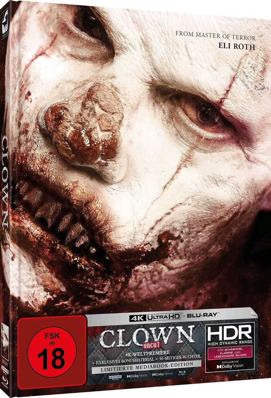 Cover der 4K Ultra HD Blu-ray von Eli Roths Film Clown, mit blutiger Maske und FSK-18-Logo.