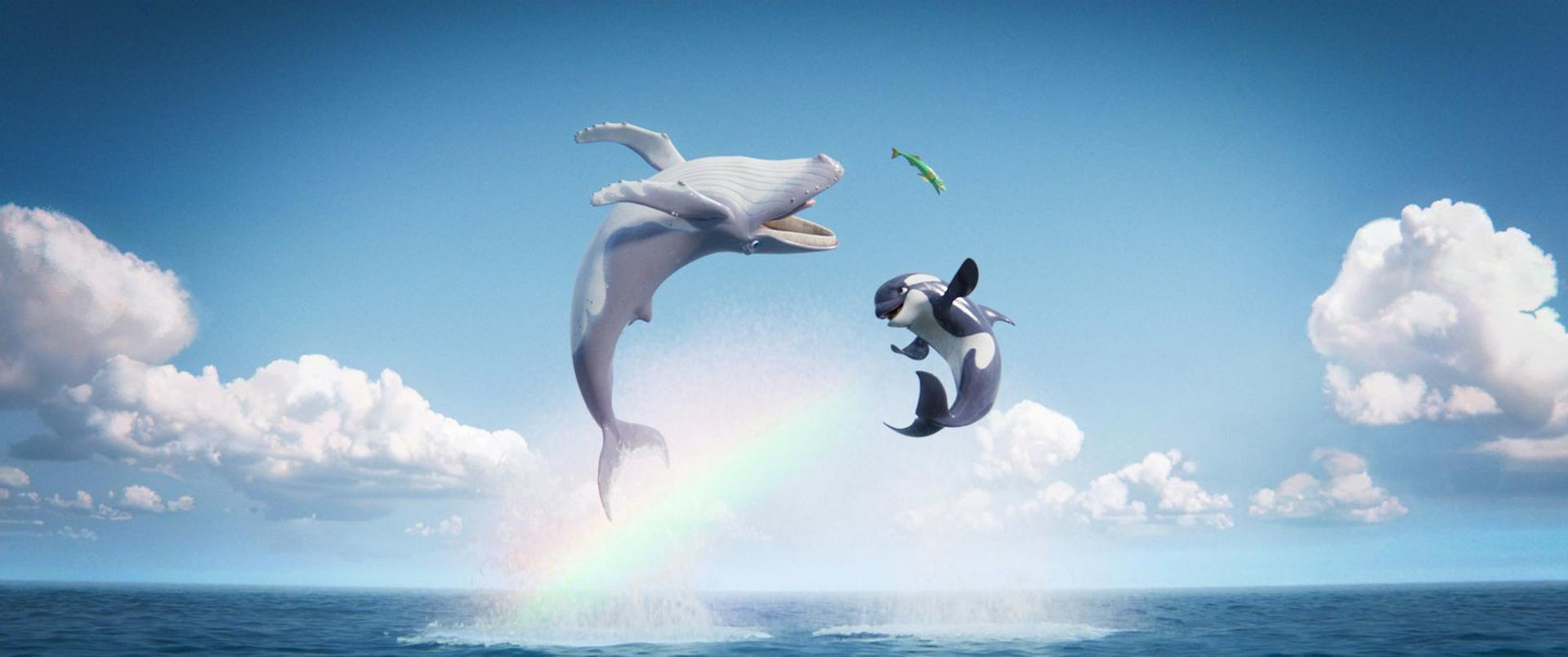 Ein Buckelwal und ein kleiner Orca springen über dem Ozean aus dem Wasser, begleitet von einem Regenbogen.