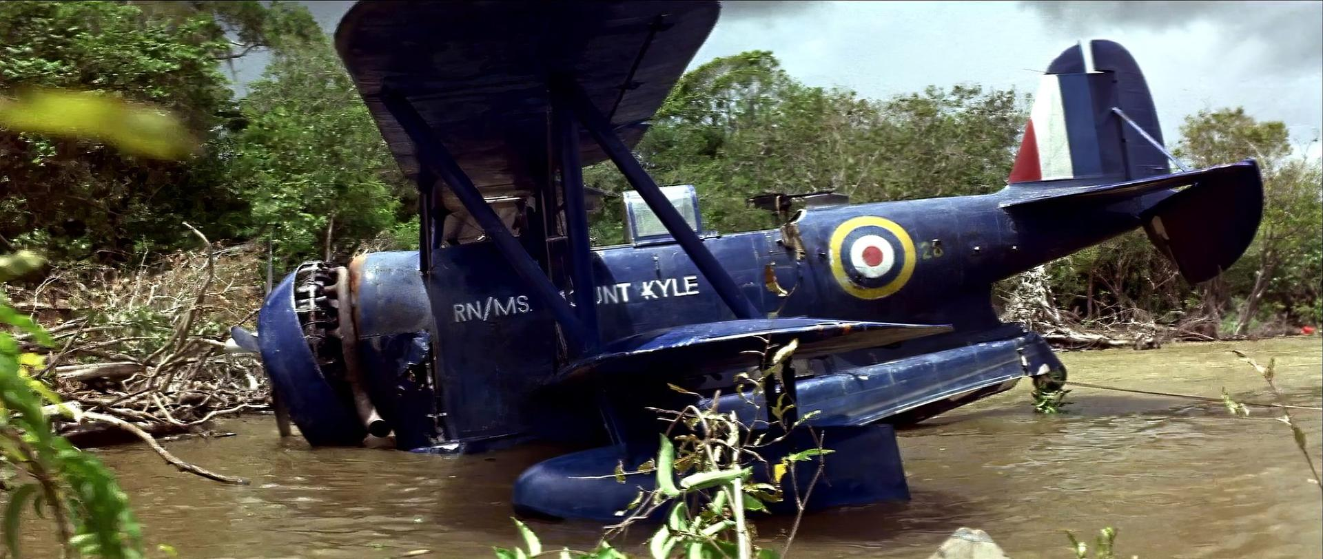Ein blaues Wasserflugzeug ist in einem flachen Fluss neben dichtem Dschungel abgestürzt.