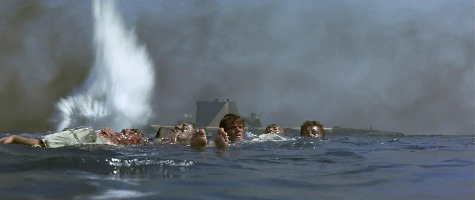 Mehrere Menschen schwimmen im Wasser nahe einer Schiffsexplosion, mit dunklem Rauch im Hintergrund.