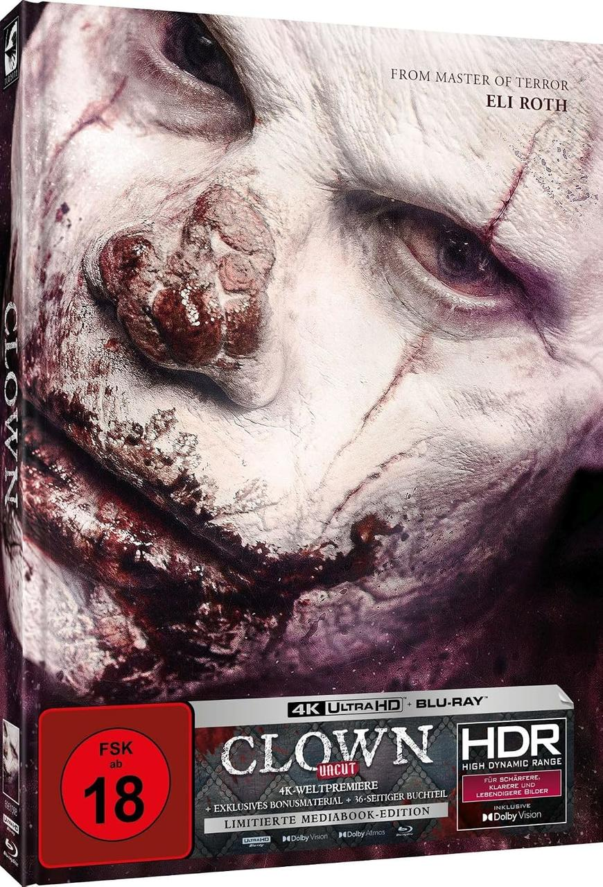 Blu-ray-Cover von Clown mit blutigem Gesicht und rotem FSK-18-Logo.