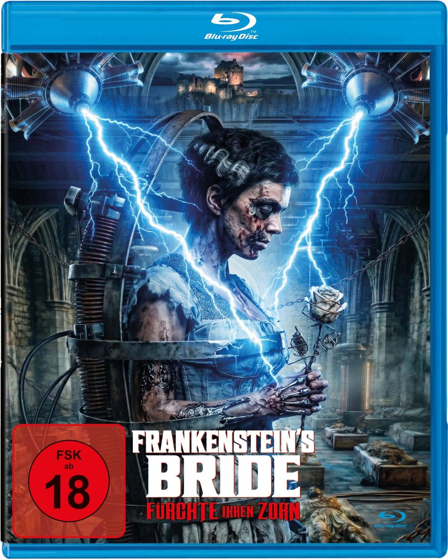 Blu-ray-Cover von Frankenstein's Bride mit einer Kreatur, elektrischen Blitzen und einem gotischen Schloss im Hintergrund.
