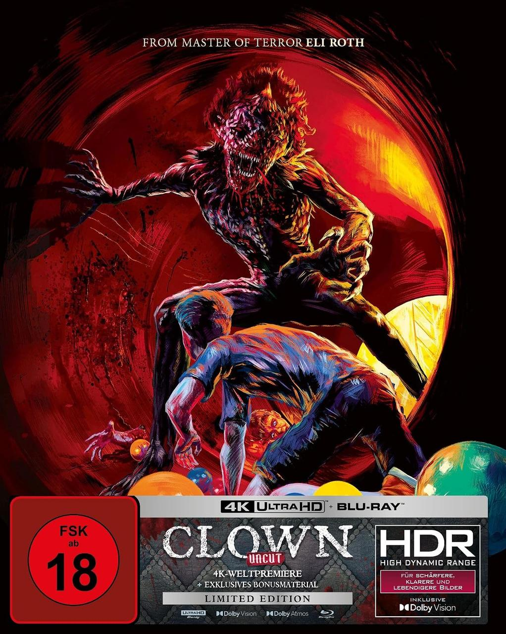 Horror-Filmplakat zeigt eine gruselige Kreatur, die sich über einen Mann beugt, mit roten und gelben Tönen.