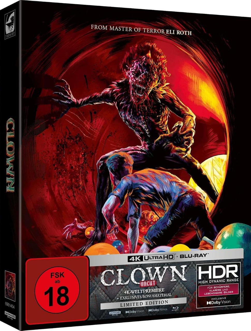 Filmcover Clown 4K Ultra HD Blu-ray mit einem gruseligen Wesen und einem Mann in Rot- und Schwarztönen.