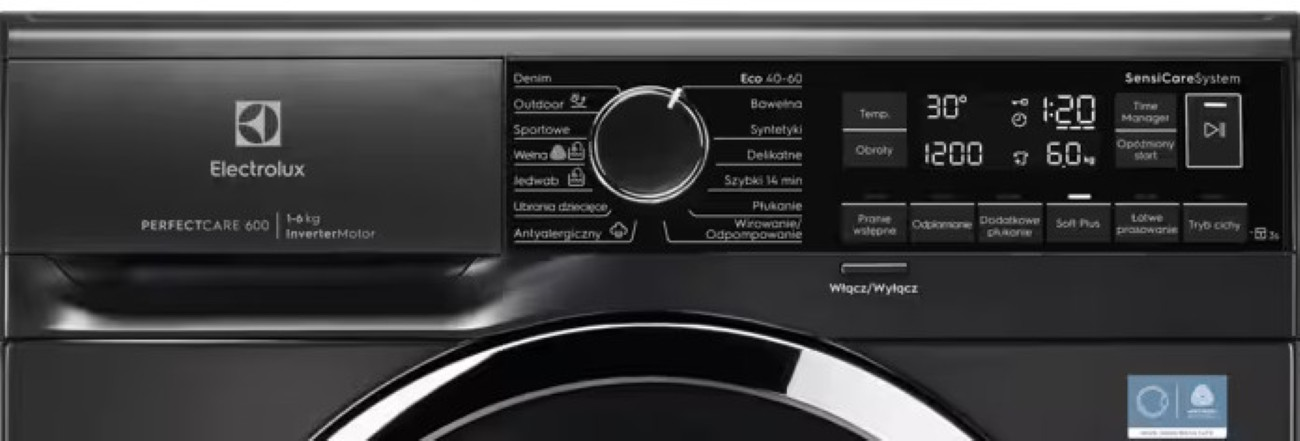 Panel sterowania czarnej pralki Electrolux PerfectCare 600 z pokrętłem programów, wyświetlaczem cyfrowym i przyciskami dotykowymi.
