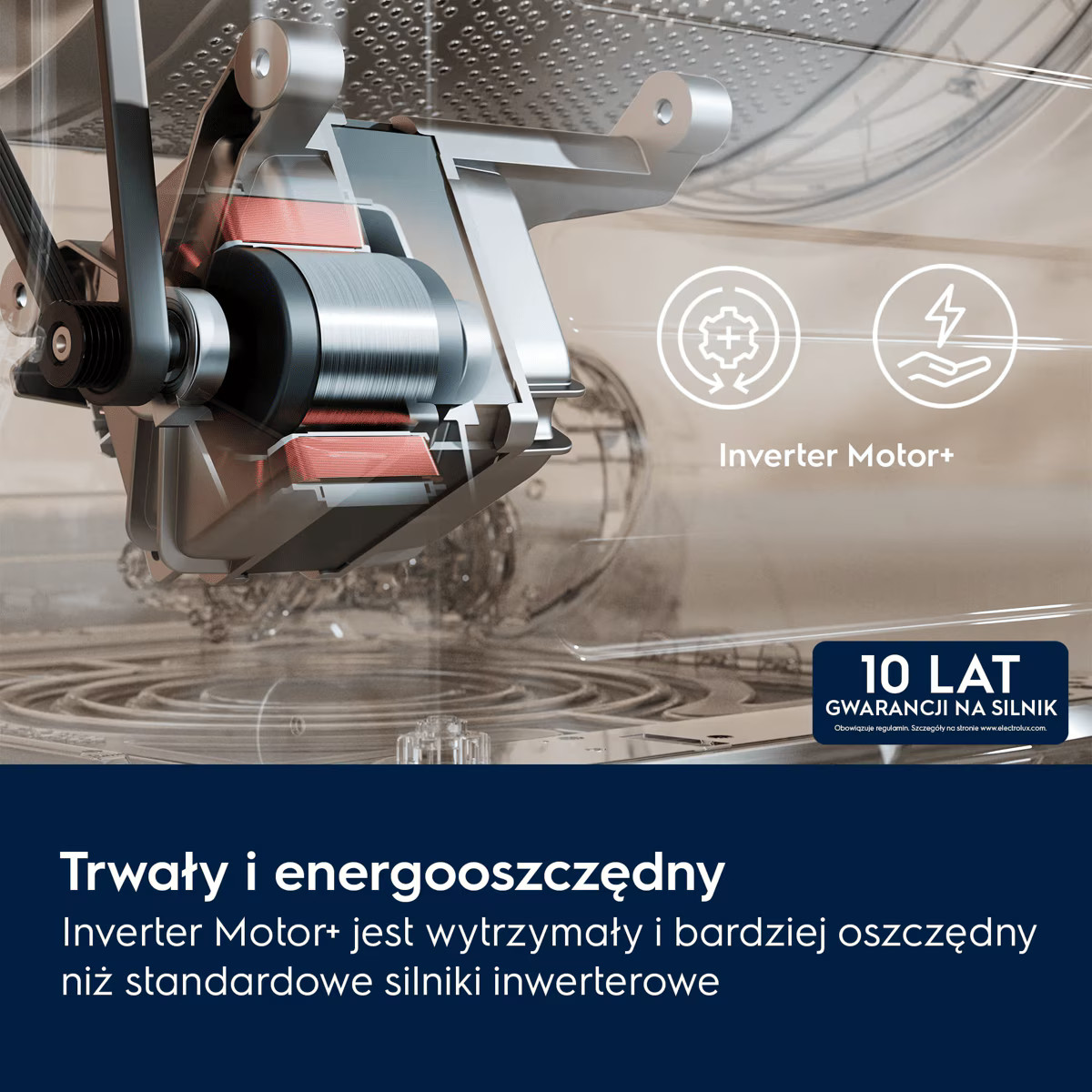 Przekrój silnika falownikowego pralki z tekstem i ikonami.