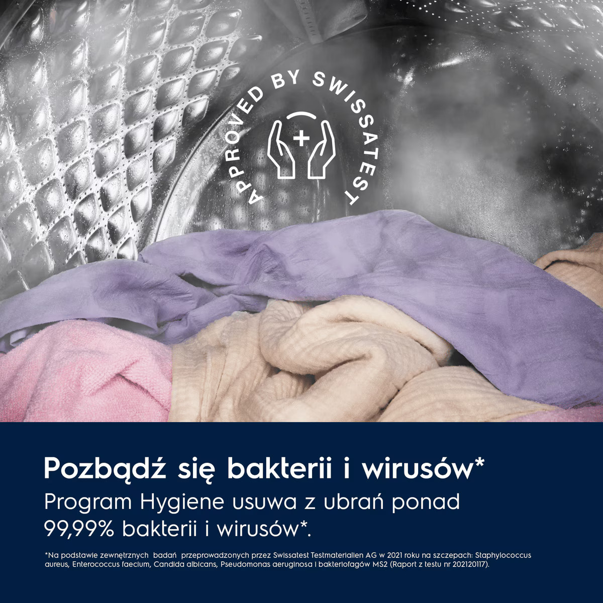 Pranie w bębnie z napisem Approved by Swissatest oraz polskim tekstem na dole.