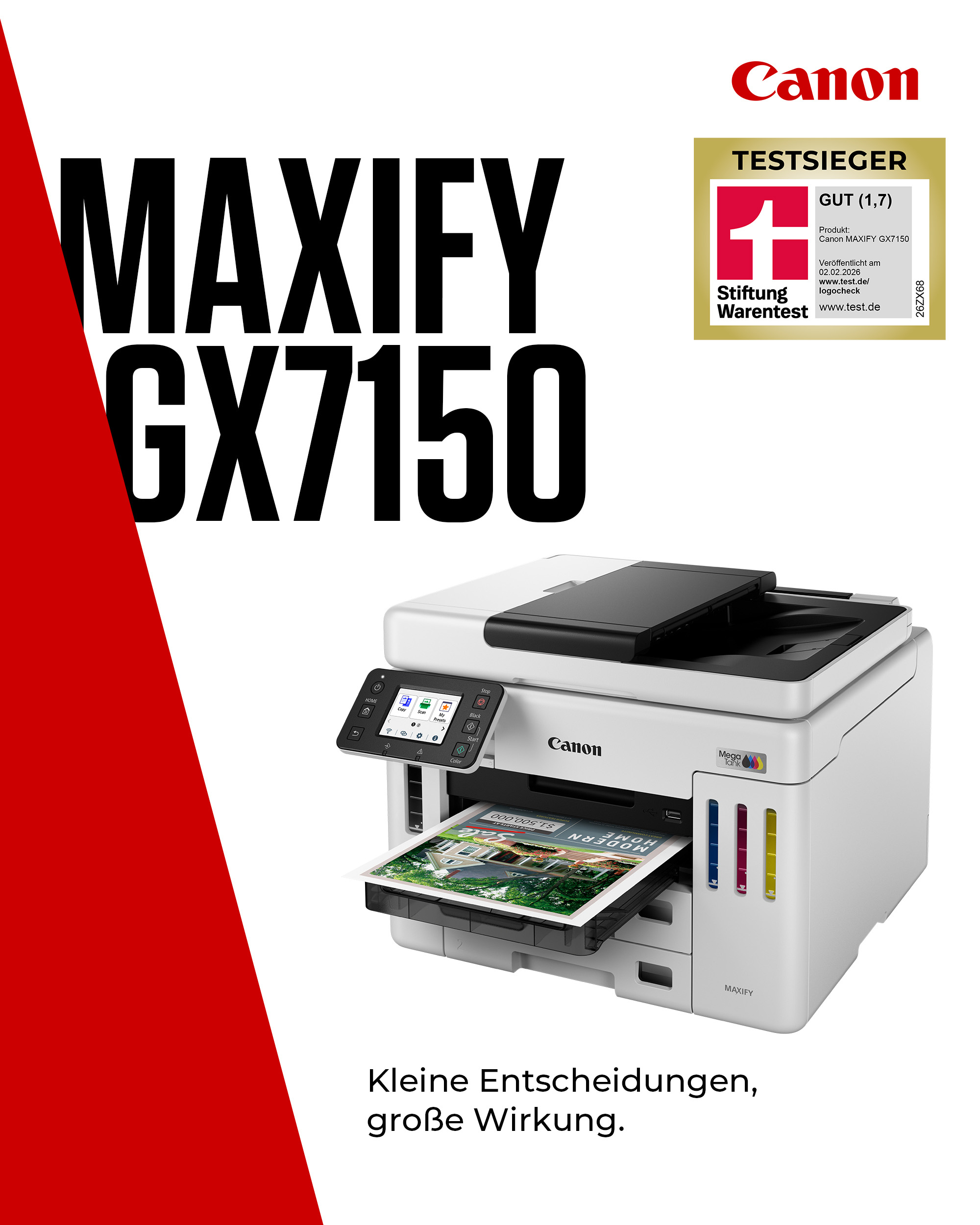 Ein weißer Canon MAXIFY GX7150 Drucker mit Testsiegelsiegel druckt ein farbiges Foto.