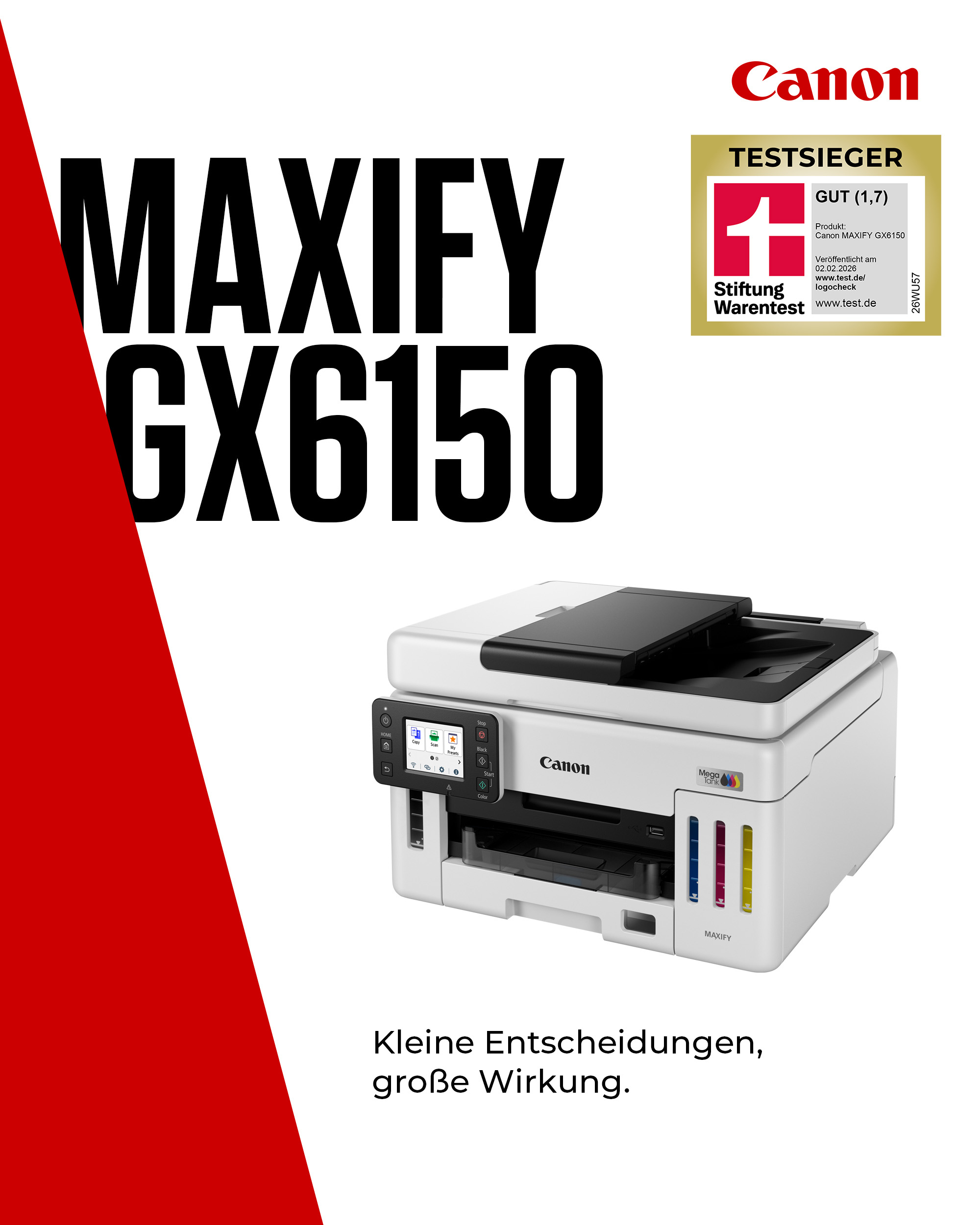Werbeplakat für Canon MAXIFY GX6150 Drucker mit einem Stiftung Warentest Siegel.