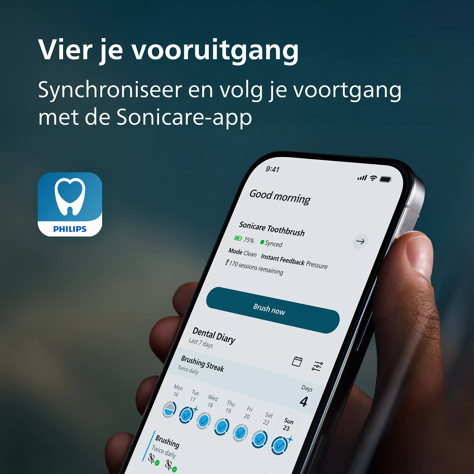 Smartphone mit Philips Sonicare App zur Überwachung des Zahnputzfortschritts in einer Hand.