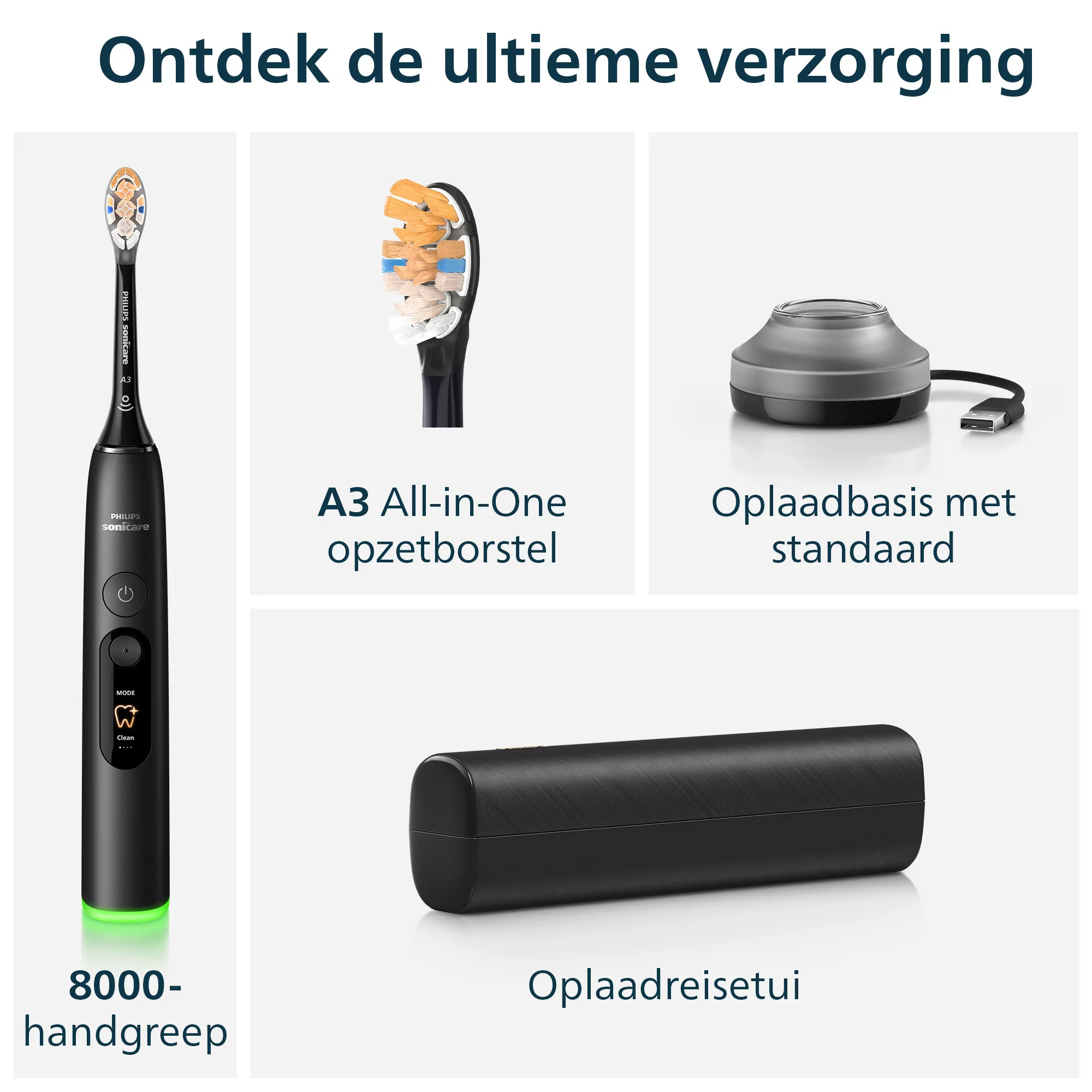 Philips Sonicare 8000 Zahnbürste mit Bürstenkopf, Ladestation und Etui.