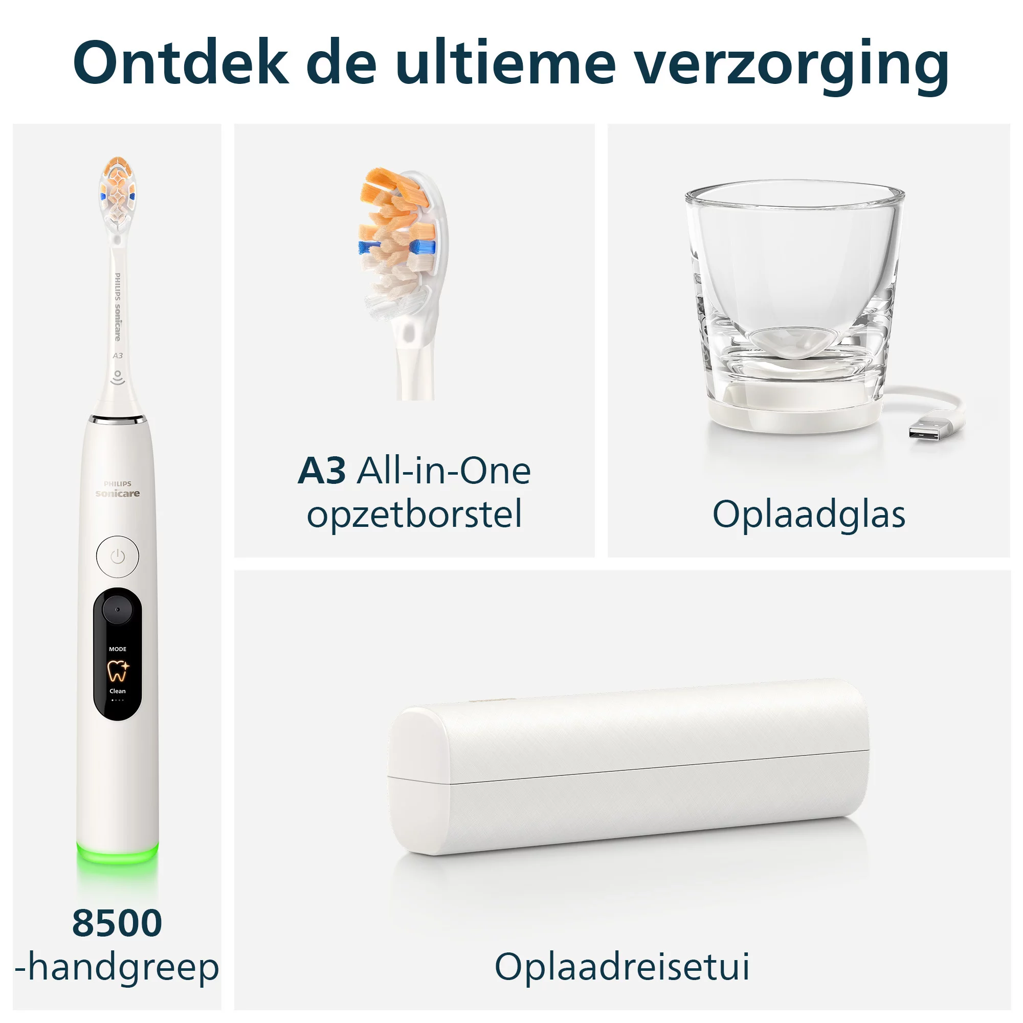 Philips Sonicare 8500 Zahnbürste mit Aufsatz, Glas und Etui.