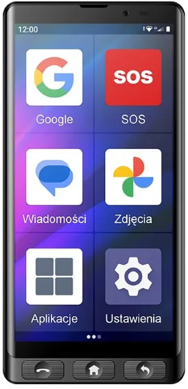 Smartfon z dużym ekranem ikon aplikacji i trzema fizycznymi przyciskami.