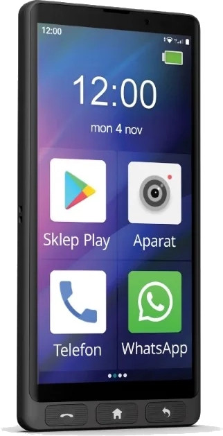 Czarny smartfon wyświetlający cztery duże ikony aplikacji na ekranie i fizyczne przyciski na dole.
