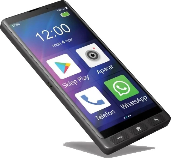 Czarny smartfon z fizycznymi przyciskami i ikonami aplikacji na ekranie dotykowym.