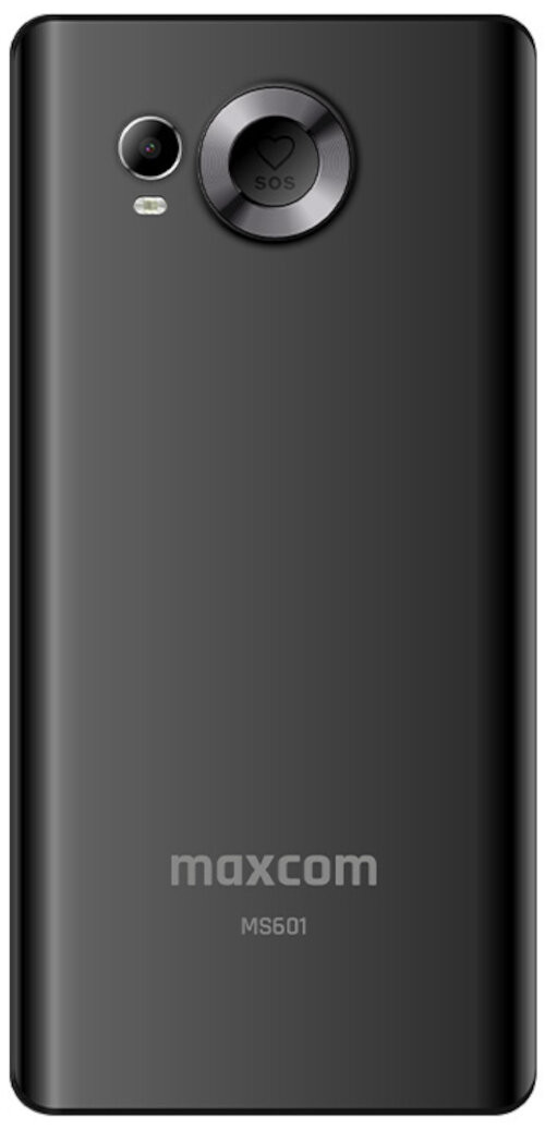 Tył czarnego smartfona Maxcom MS601 z aparatem, przyciskiem SOS i logo.