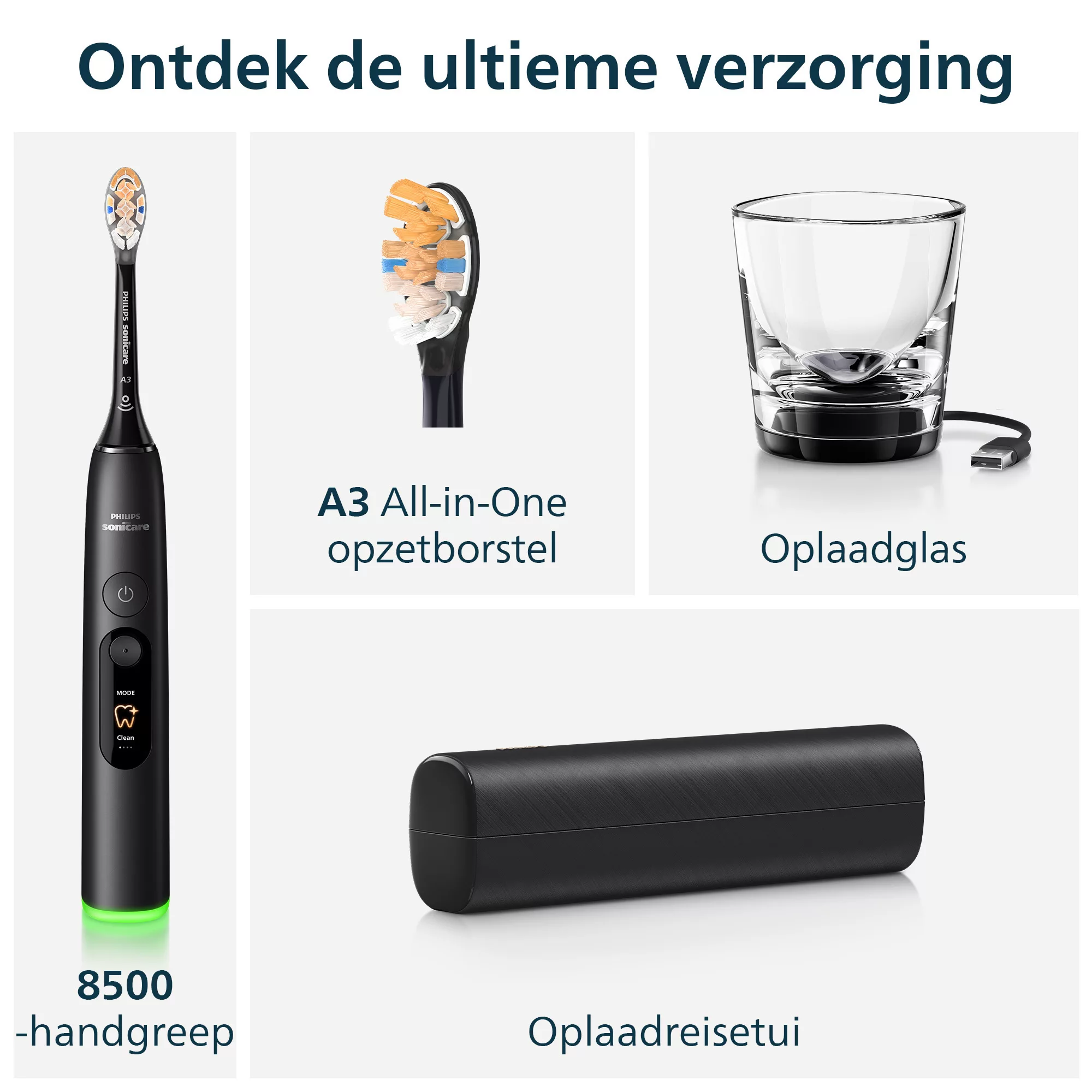 Philips Sonicare 8500 Zahnbürste mit Aufsatz, Ladeglas und Etui.