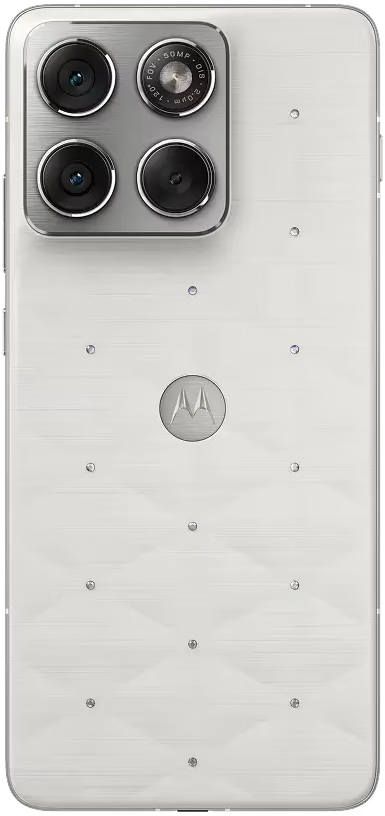 Fehér okostelefon hátlap négy lencsés kamerával, középső Motorola logóval és gyémánt berakásos részletekkel.