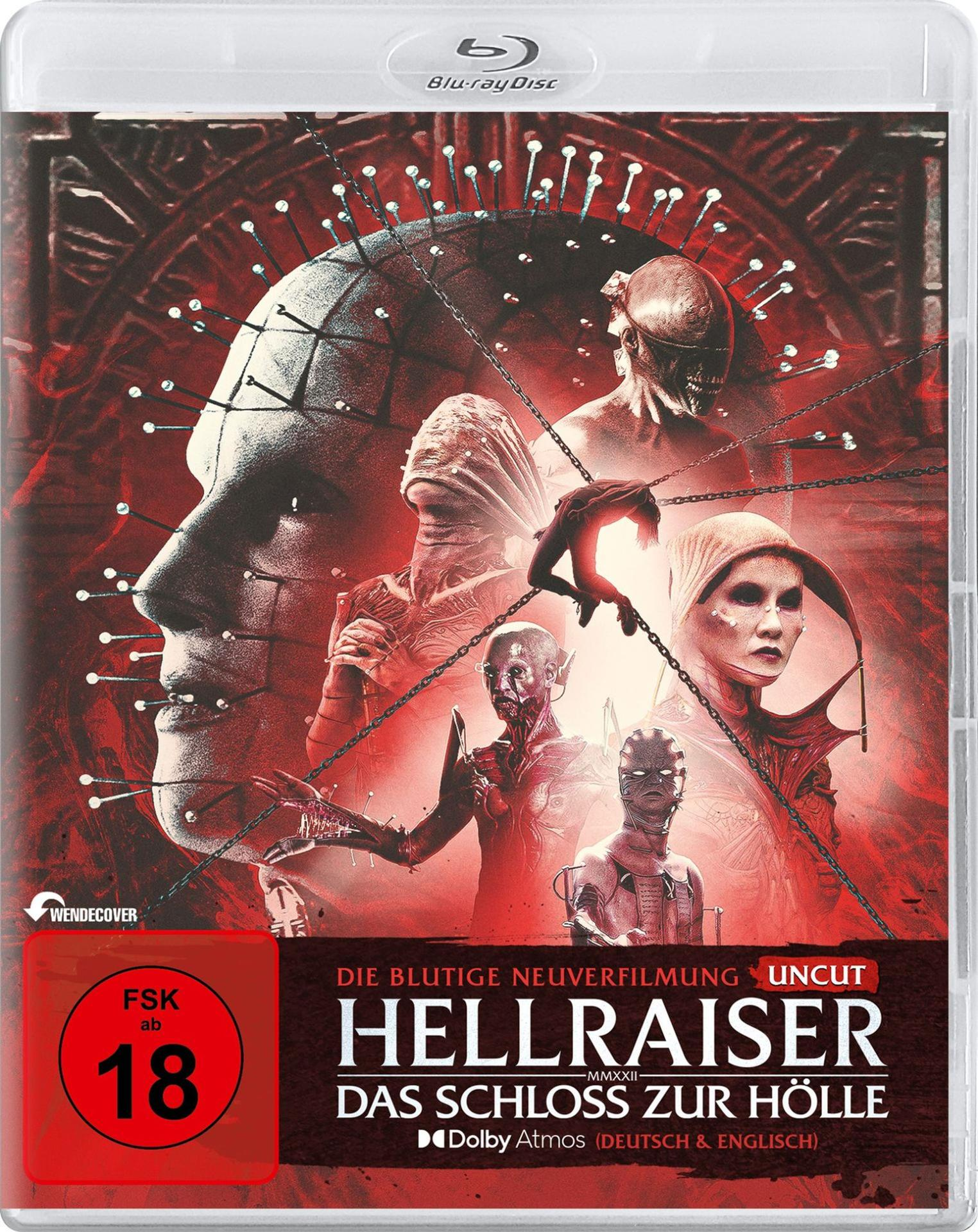 Hellraiser Blu-ray-Cover in Rot mit Pinhead, verschiedenen Cenobiten, Ketten und einer FSK-18-Altersfreigabe.