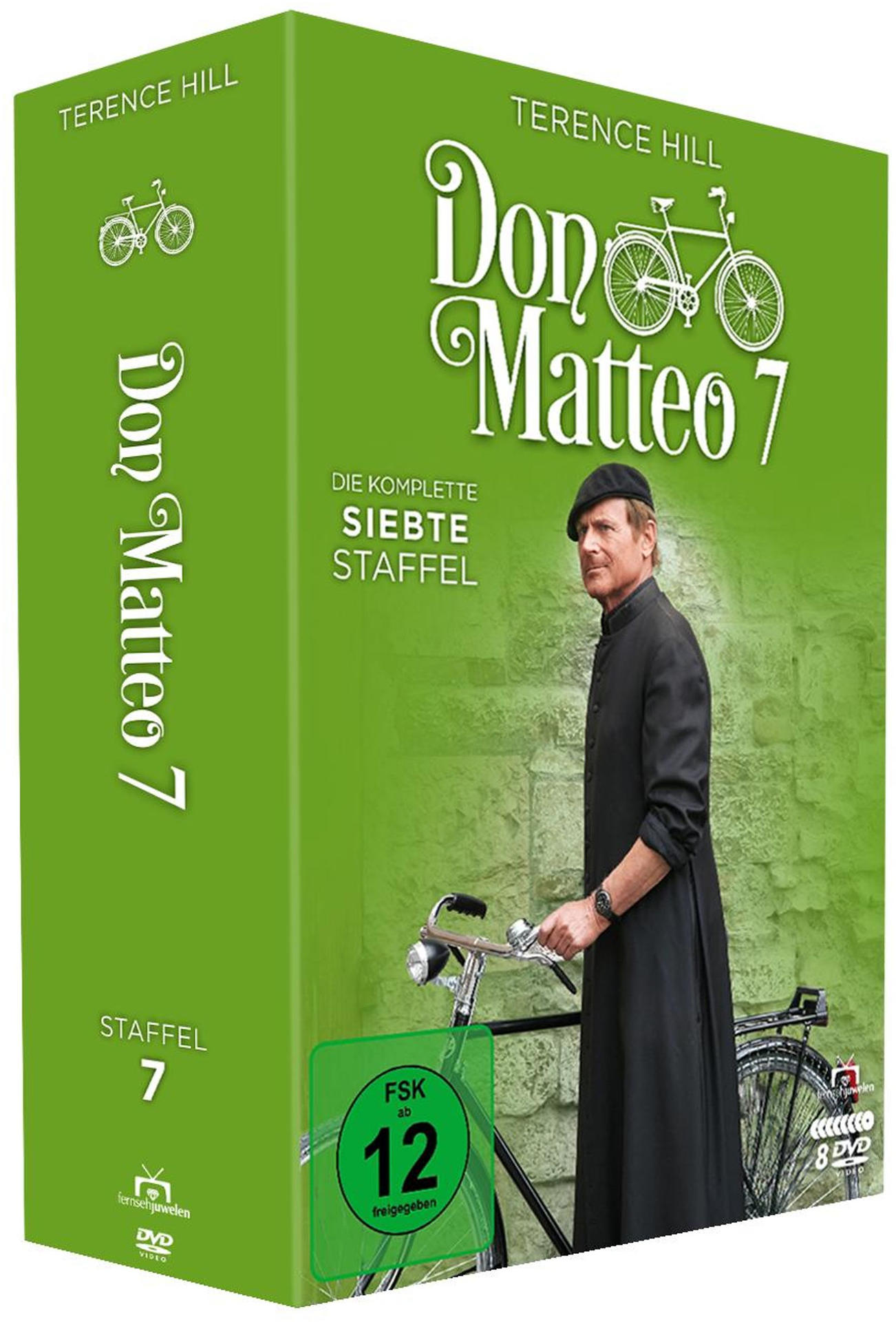 DVD-Box der siebten Staffel von Don Matteo mit Terence Hill in schwarzer Priesterkleidung neben einem Fahrrad.