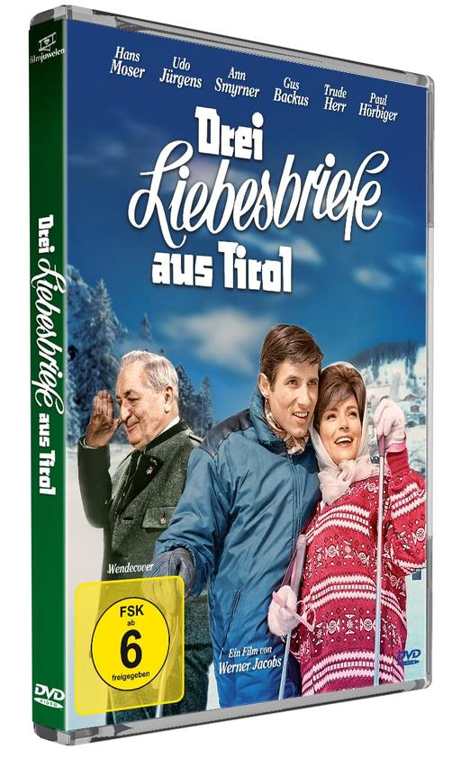DVD-Cover des Films "Drei Liebesbriefe aus Tirol" mit drei Personen im Schnee und blauem Hintergrund.