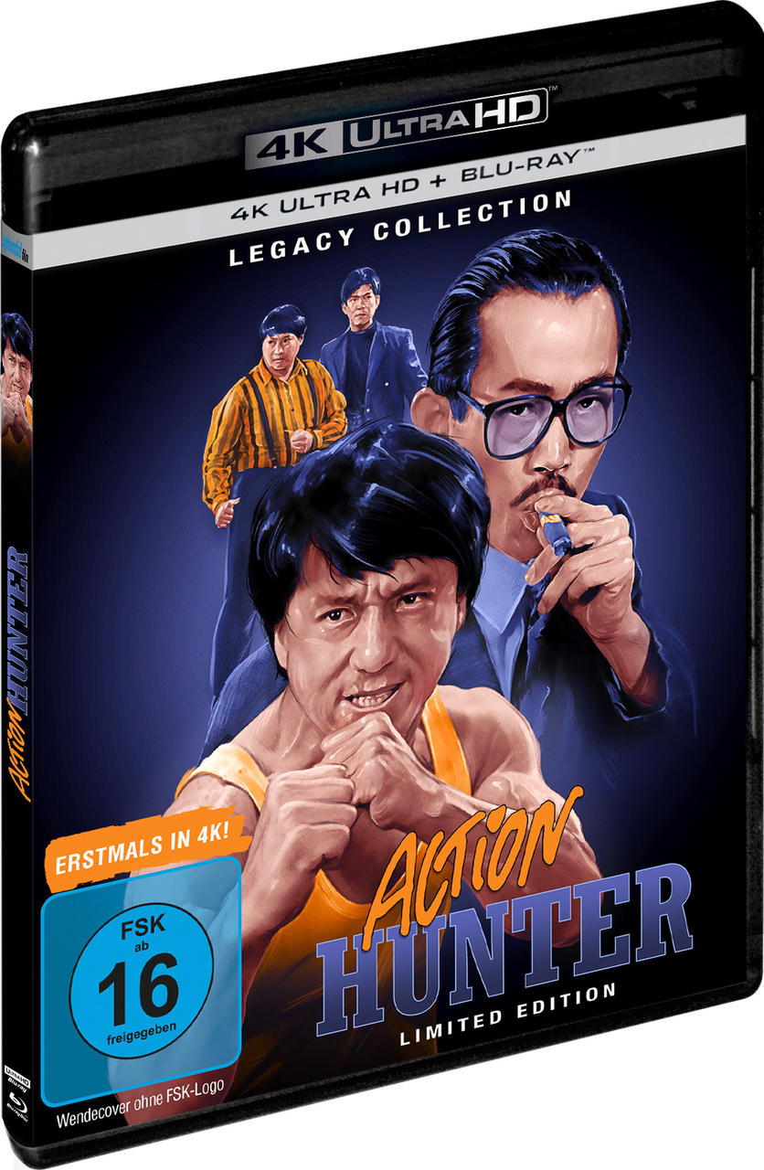 Blu-ray-Hülle von Action Hunter Limited Edition in 4K Ultra HD mit illustrierten Charakteren vor blauem Hintergrund.
