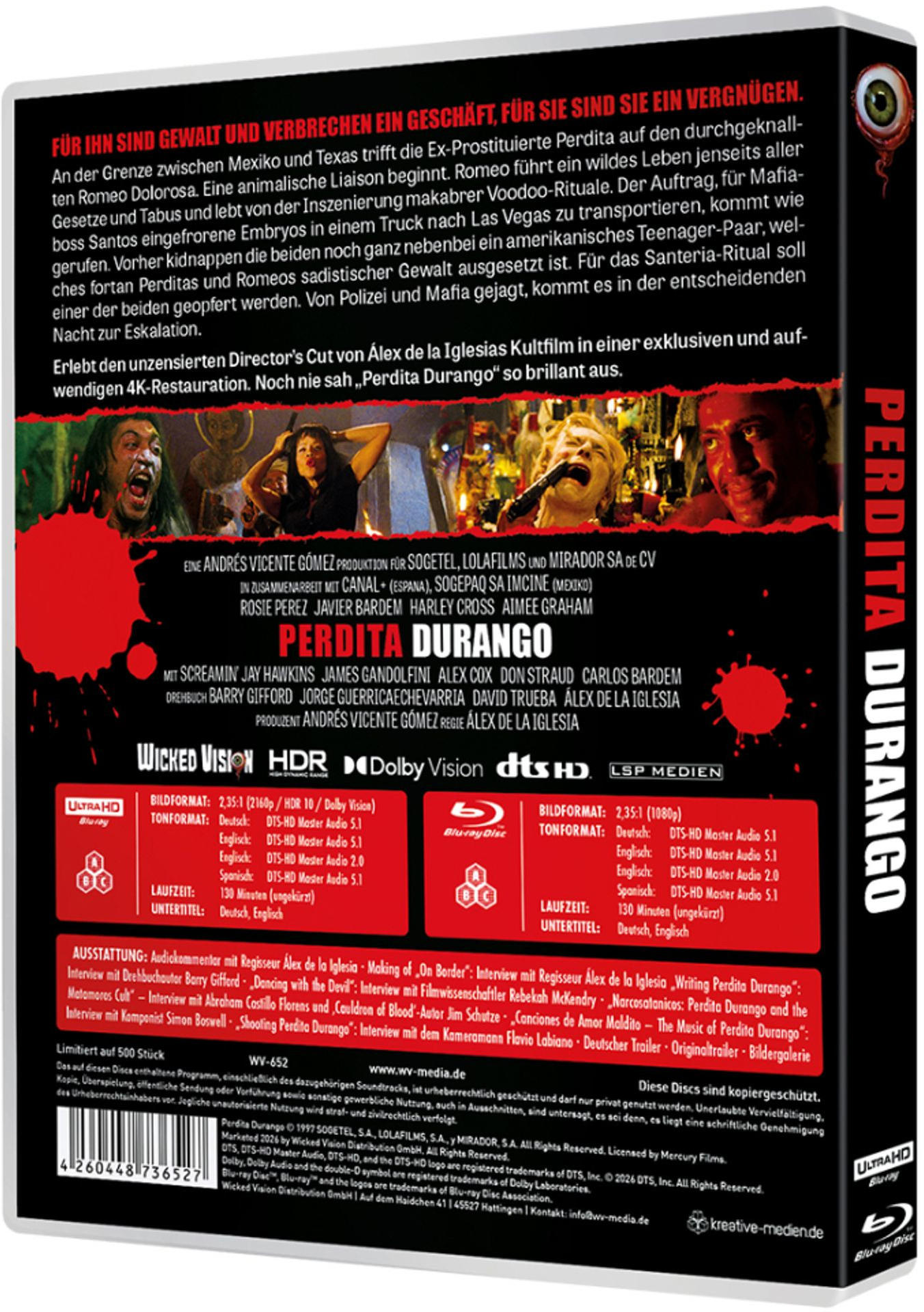 Rückseite einer 'Perdita Durango' 4K Ultra HD Blu-ray-Hülle mit rotem Text, Filmbildern und technischen Daten.