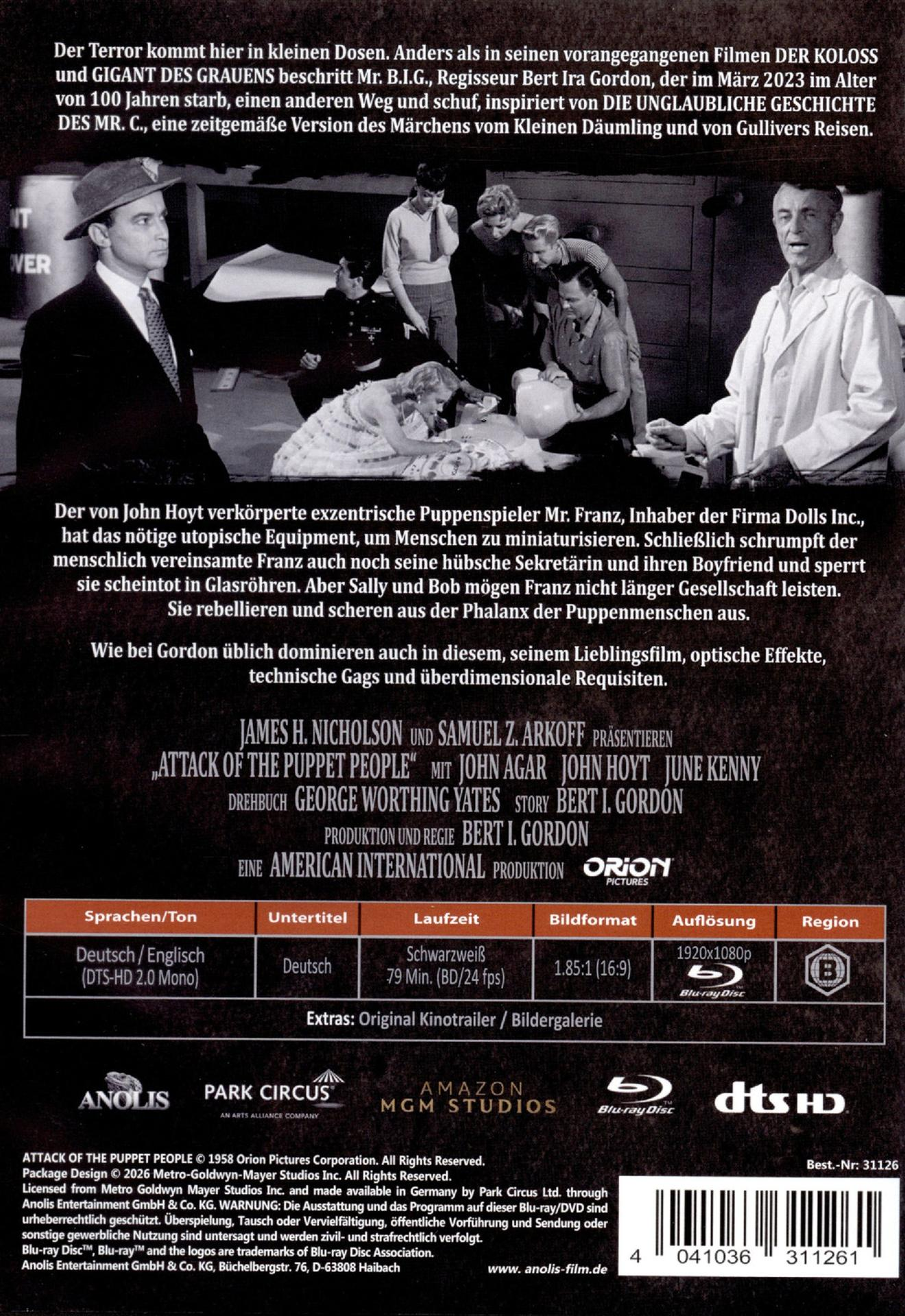 DVD-Rückseite von Attack of the Puppet People mit Filmszenen, deutschem Text und technischen Details.