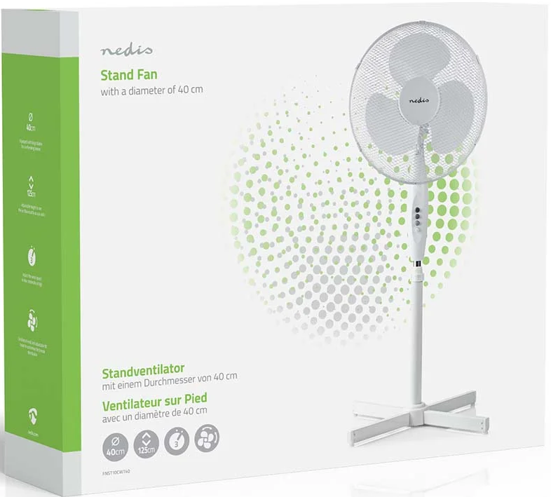 Produktverpackung eines weißen Nedis-Standventilators mit 40 cm Durchmesser und grünem Design.