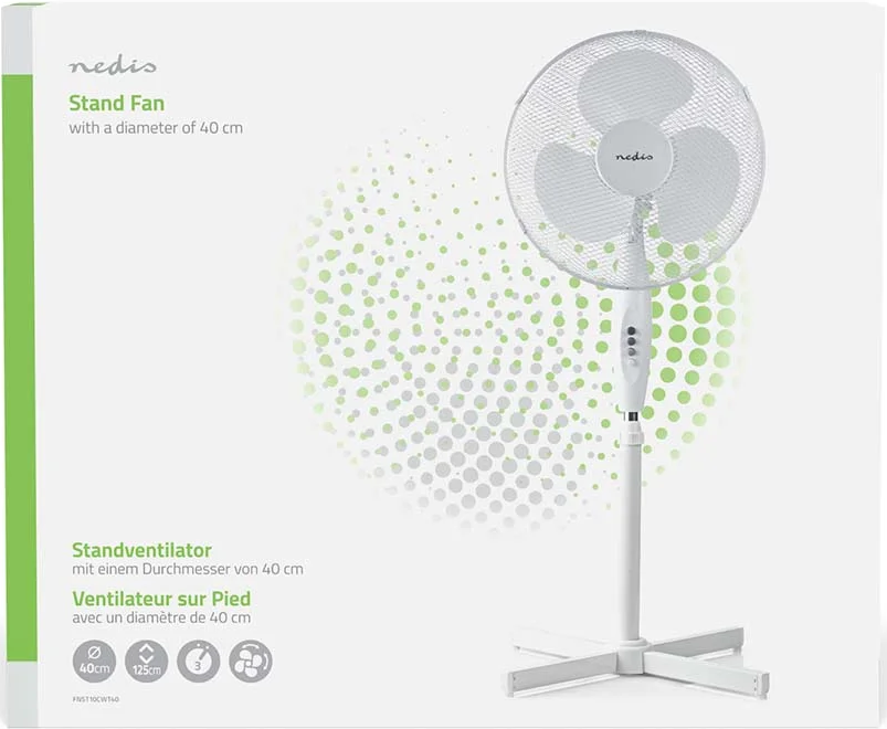 Weiße Standventilator-Produktverpackung mit Abbildung und Text.