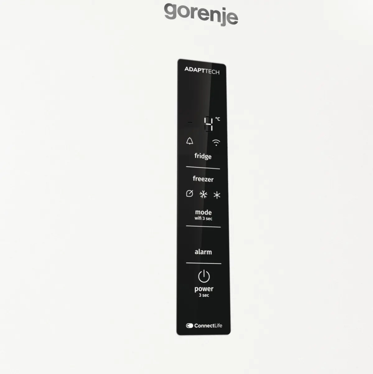 Czarny panel sterowania LED lodówki Gorenje z dotykowymi przyciskami temperatury, zamrażarki, trybu i zasilania.