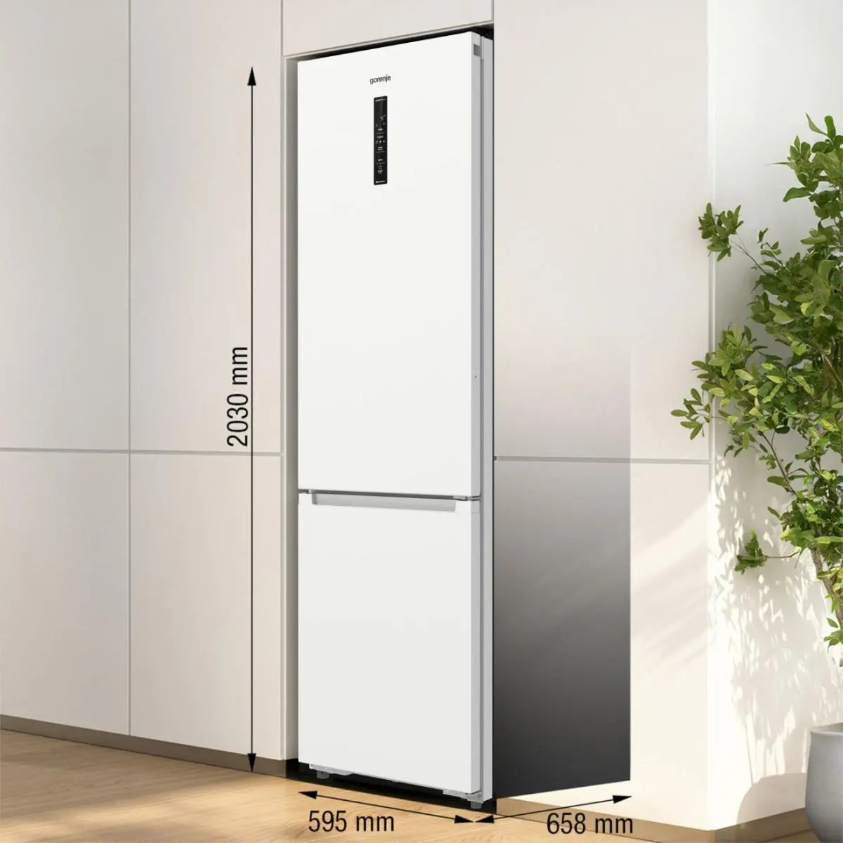 Biała lodówka do zabudowy Gorenje o wymiarach: 2030 mm wysokości, 595 mm szerokości i 658 mm głębokości w białej zabudowie.
