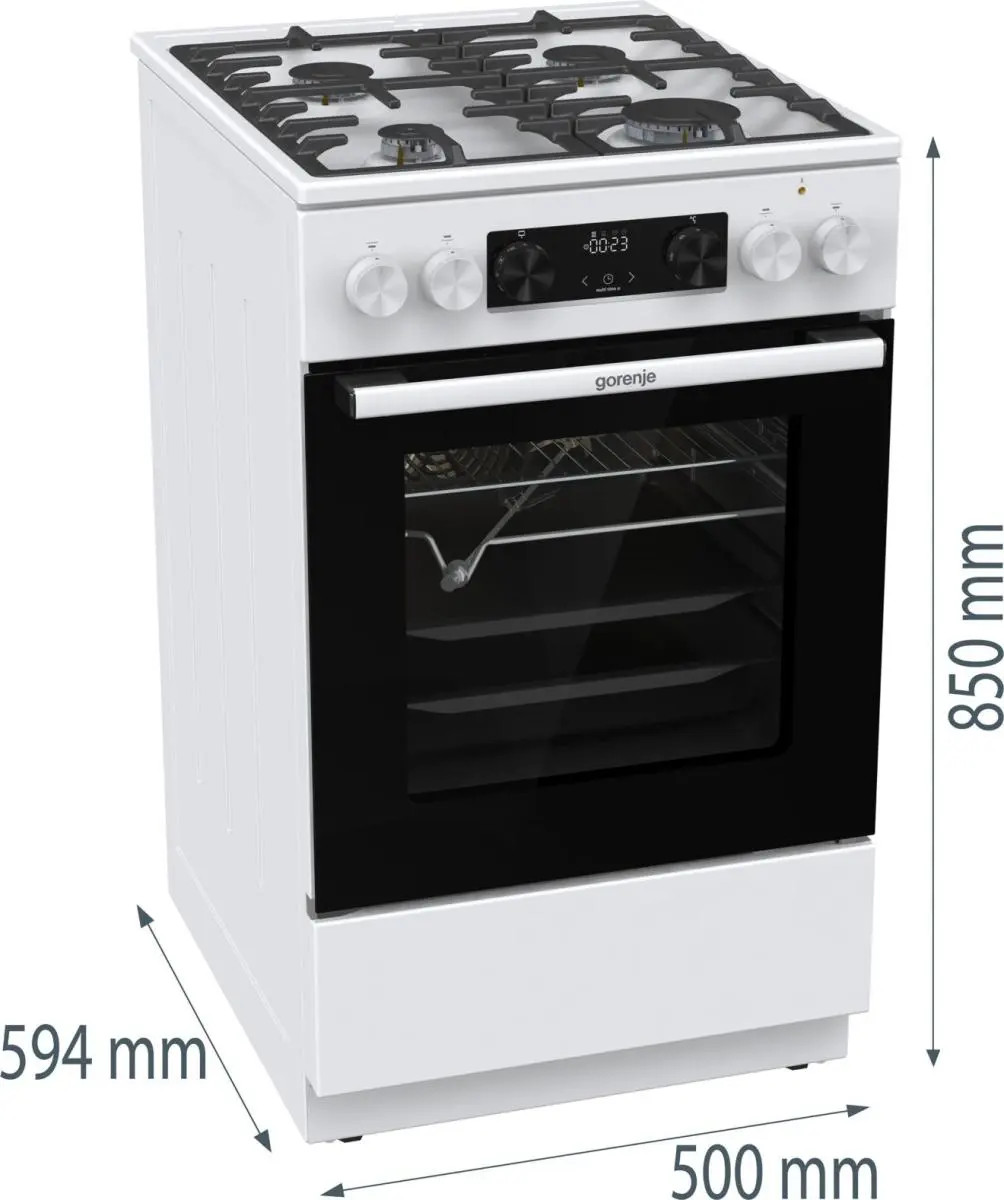 Biała kuchenka gazowa Gorenje z czterema palnikami, piekarnikiem i wymiarami w milimetrach.