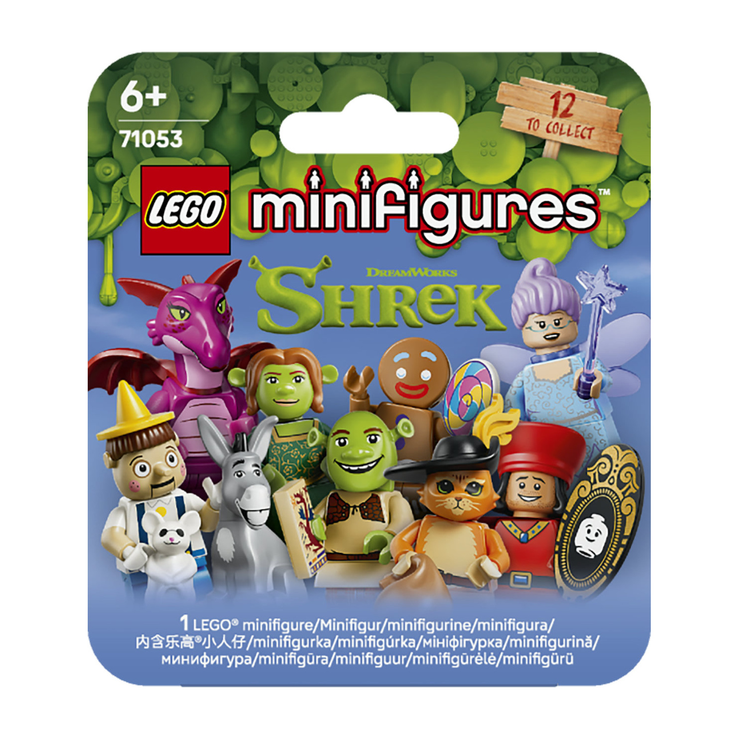 Busta di minifigure Lego con personaggi di Shrek tra cui Shrek, Fiona, Ciuchino e il Gatto con gli Stivali.