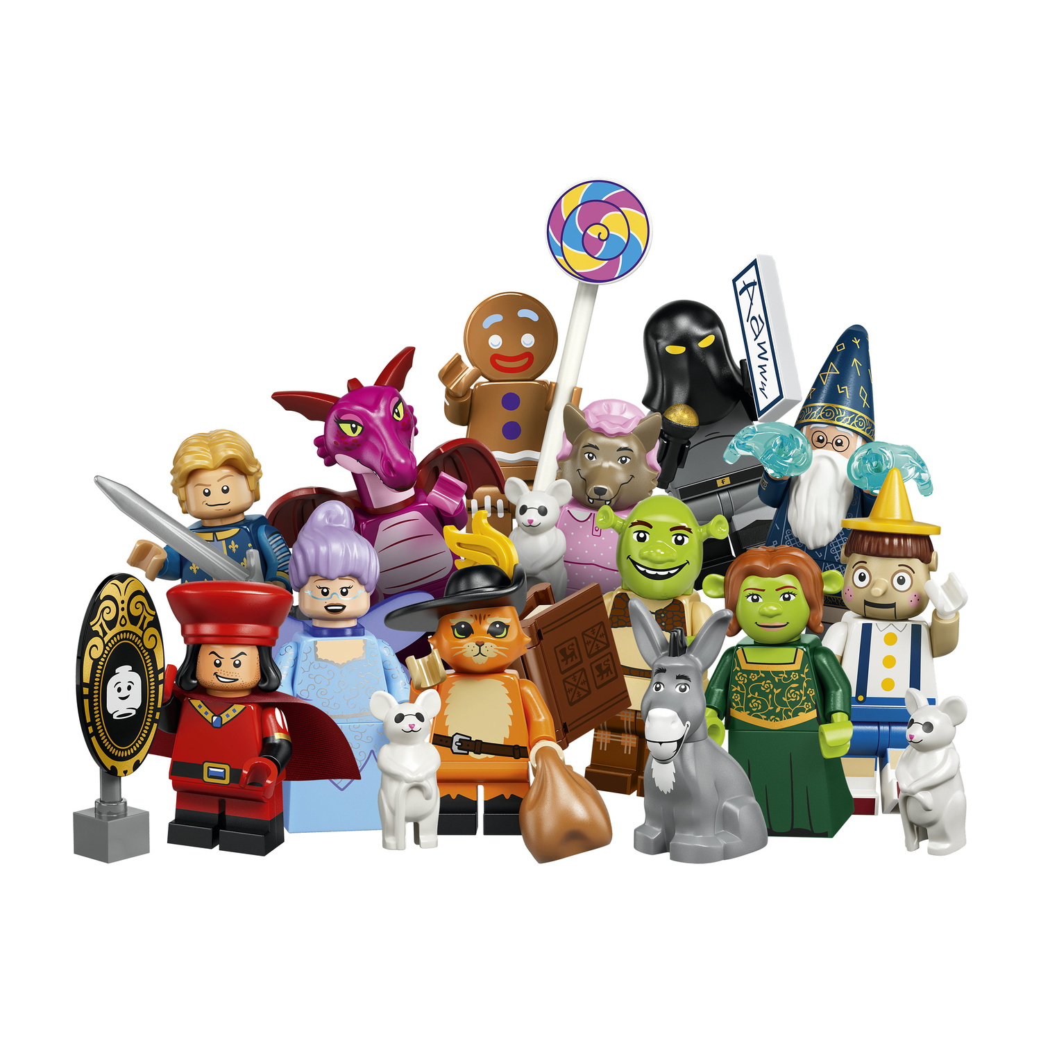 Gruppo di minifigure LEGO di Shrek tra cui Shrek, Fiona, Ciuchino e altri personaggi su sfondo bianco.