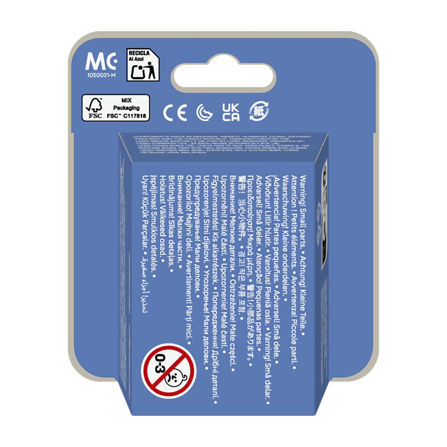 Confezione blu con testo di avvertenza, logo FSC e simbolo di divieto 0-3 anni.