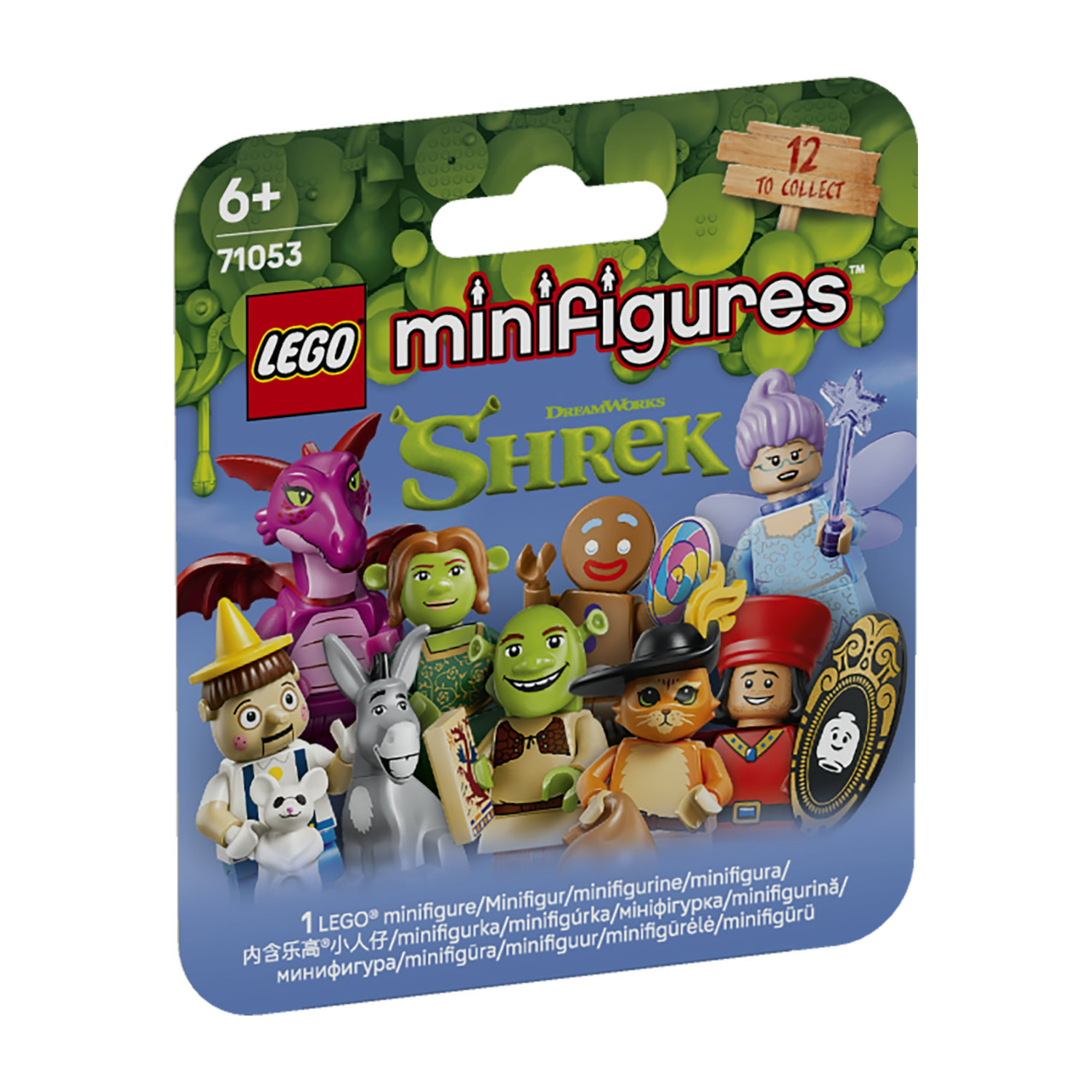 Confezione di bustina sorpresa LEGO Minifigures Shrek con vari personaggi su sfondo blu.