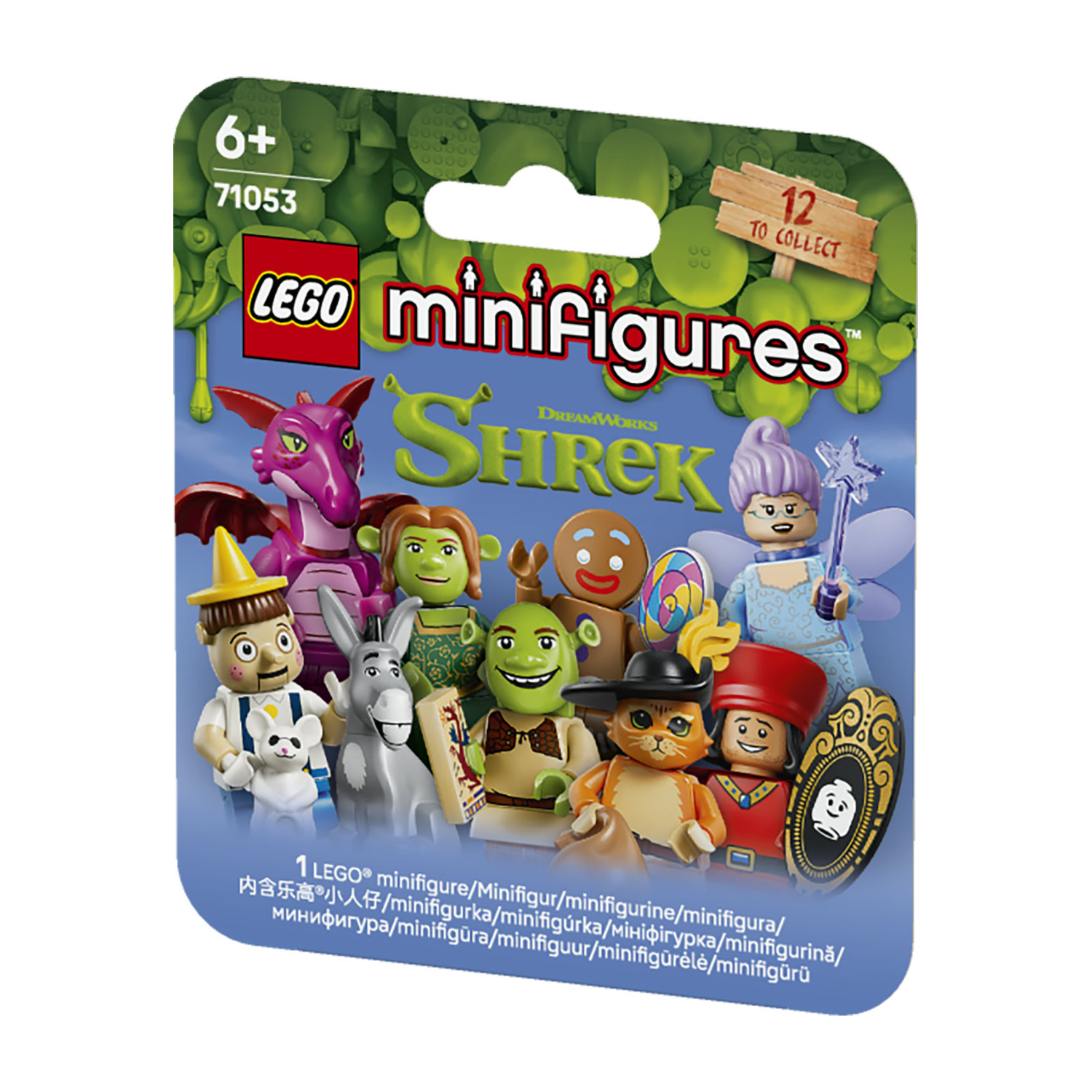 Confezione LEGO Minifigures Shrek con Shrek, Fiona, Ciuchino e altri personaggi.