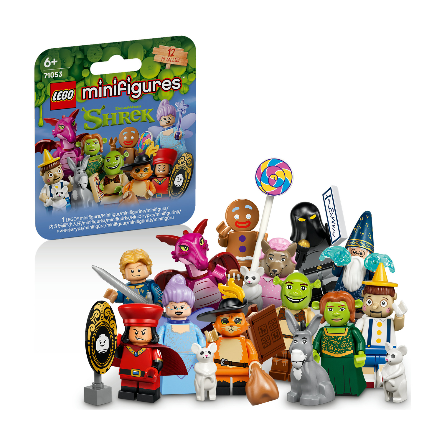 Una collezione di minifigure LEGO di Shrek mostrate con la confezione.