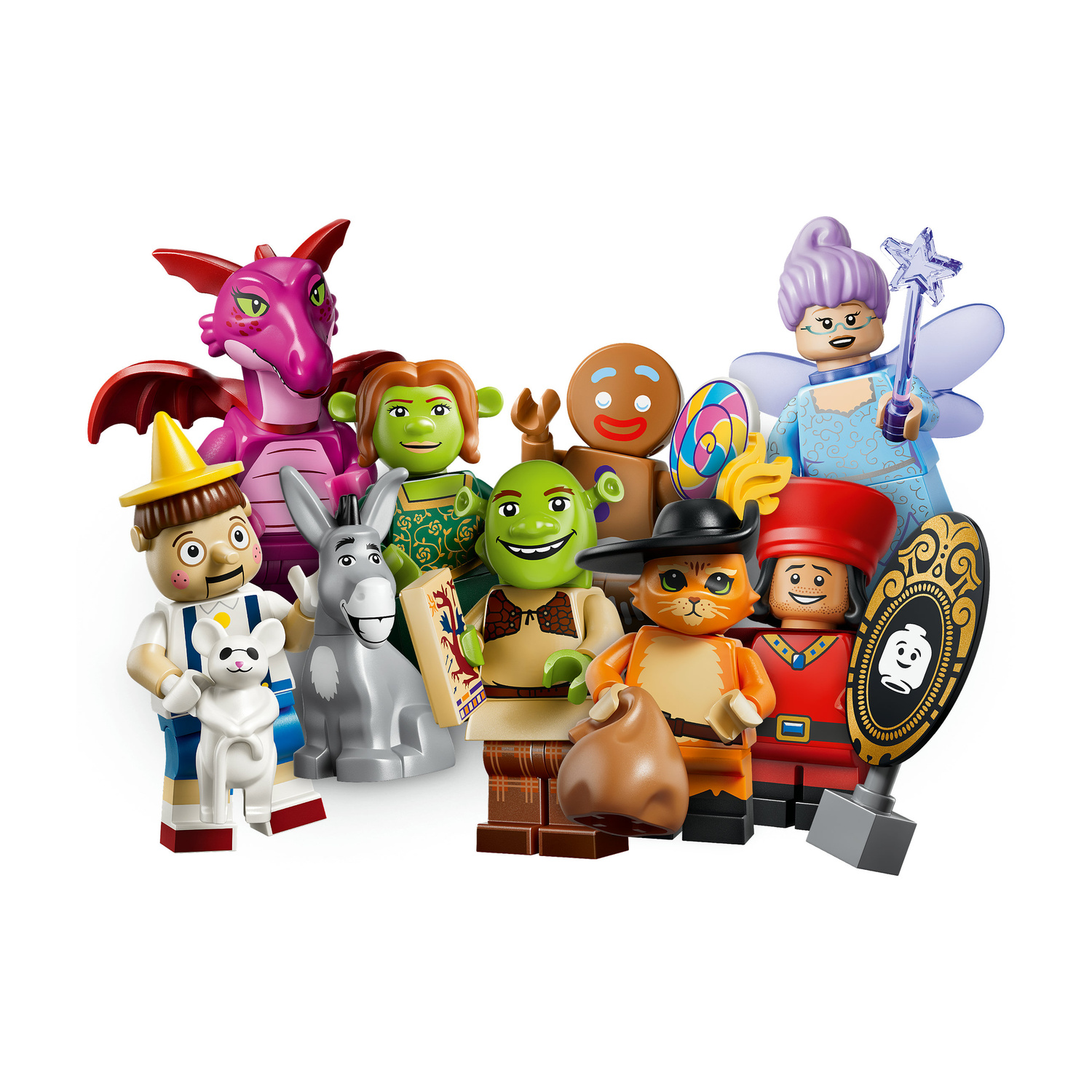 Un gruppo di minifigure LEGO di Shrek e amici, tra cui Fiona, Donkey, Puss in Boots e Pinocchio.
