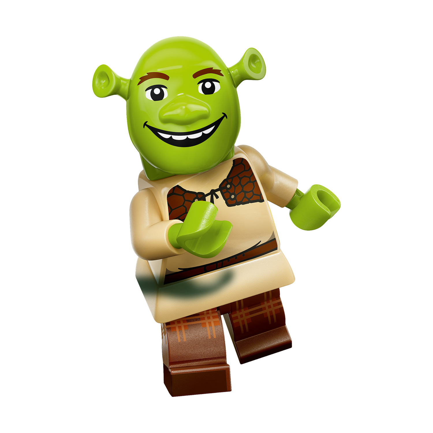 Una minifigure LEGO verde di Shrek con tunica beige e pantaloni a quadri marroni su sfondo bianco.