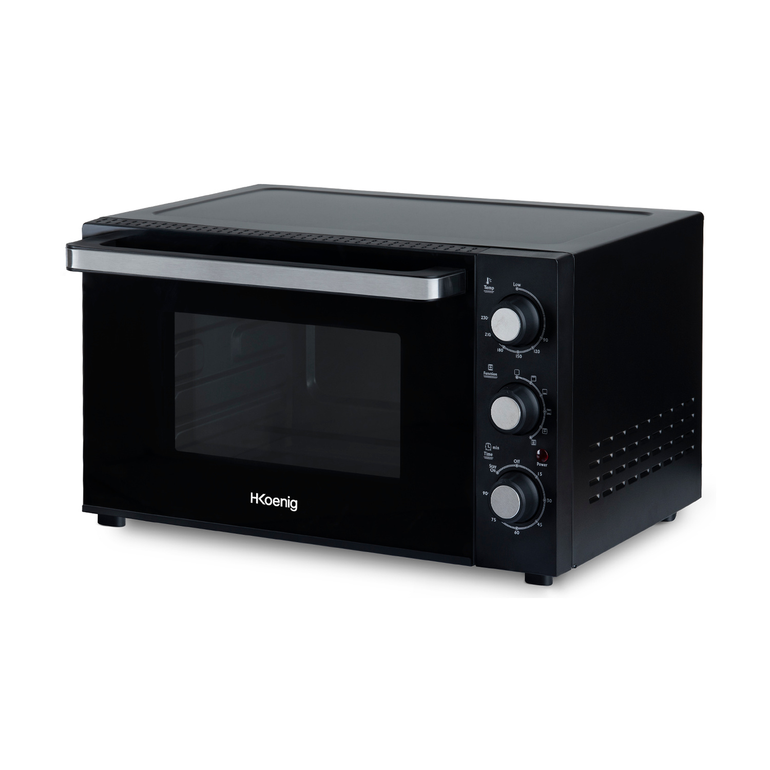 Mini forno nero con tre manopole argentate e porta in vetro su sfondo bianco.