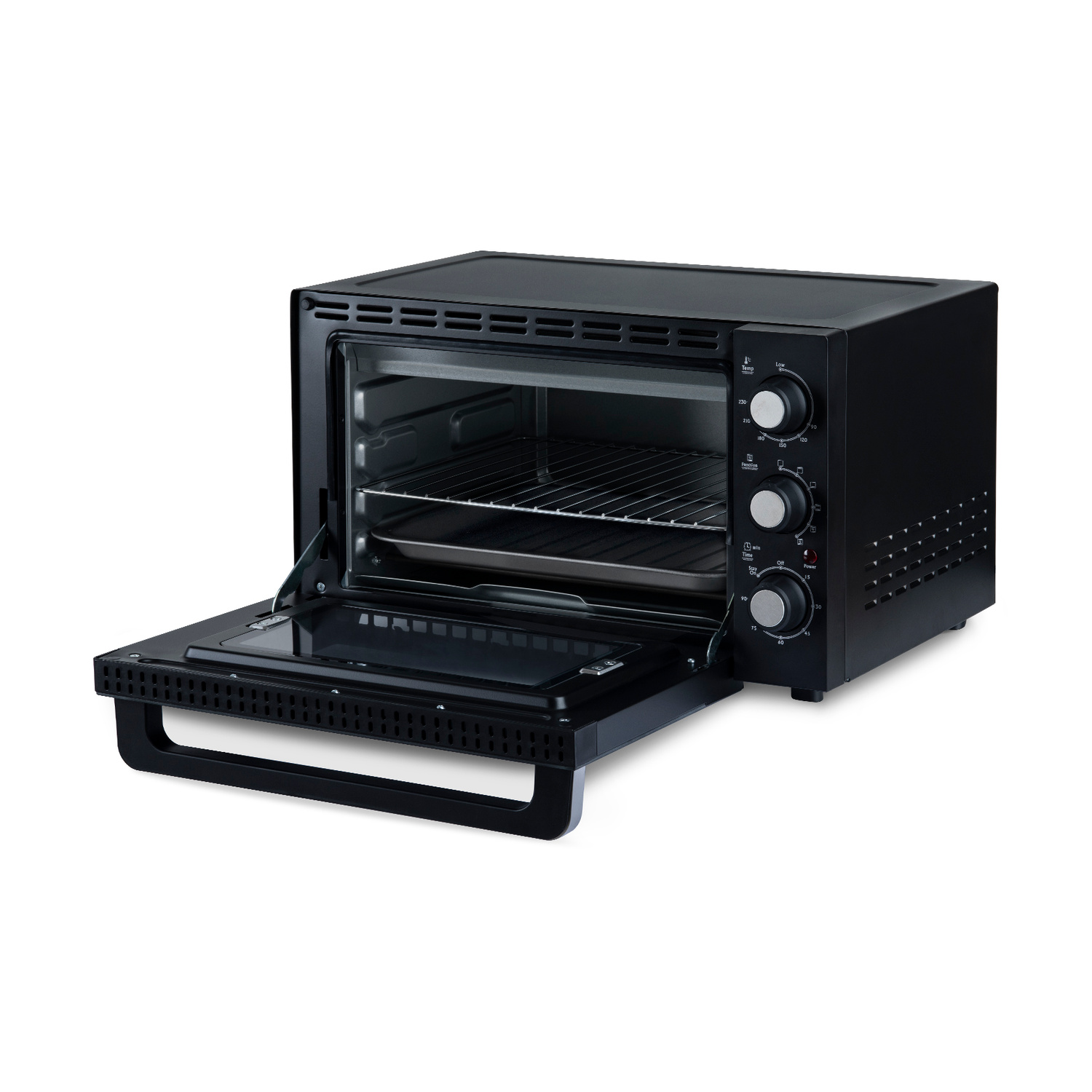 Un piccolo mini forno nero con la porta aperta, una griglia e una teglia da forno su sfondo bianco.
